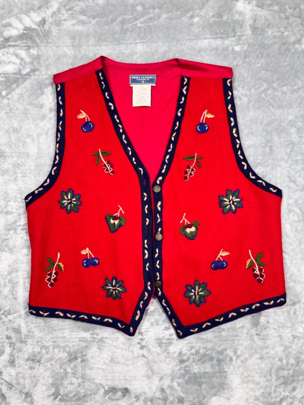 Embroidered Red Cherry & Floral Wool Vest with Navy Trim